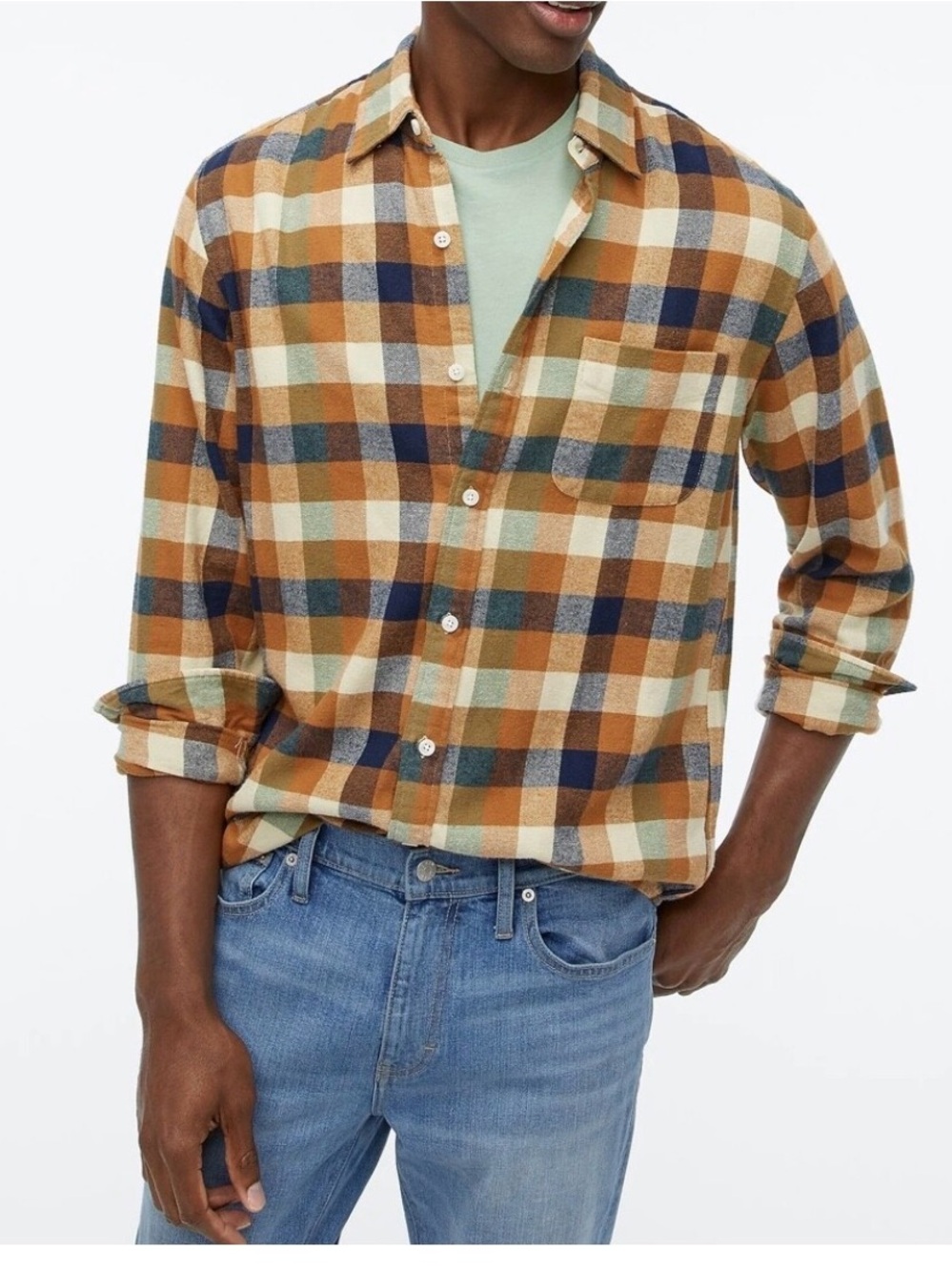 J. Crew Plaid Button-Down Shirt in Tan, Green & Blue